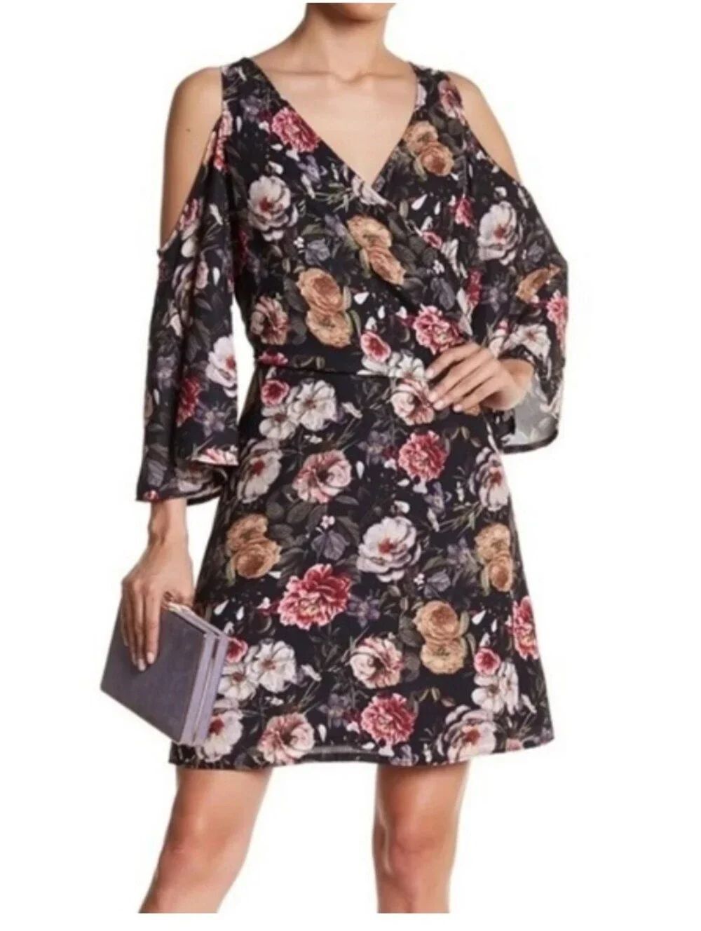 NWT Alexia Admor Long Sleeve Mini Dress Cold Shoulder Floral Black Wrap Top L
